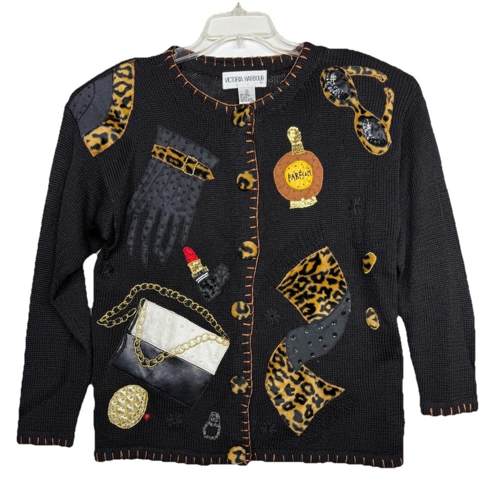 Vintage Victoria Harbour Boujee Novelty Ramie Cardigan Sweater Cosmetic‎ Size S
